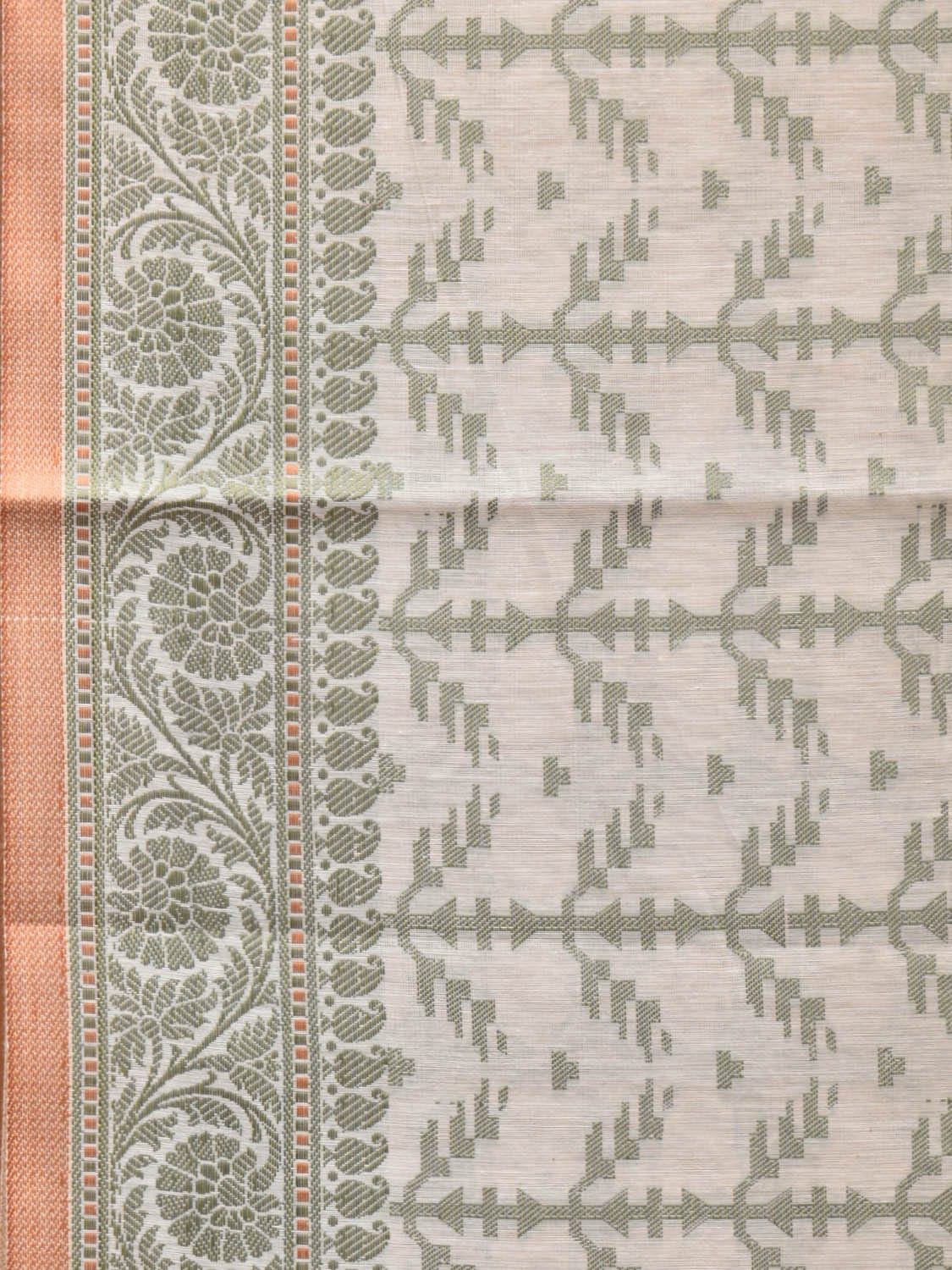 Cream and Light Green Cut Work Sico Cotton Saree with All Over and Border Design - Global Threads | Grocsy