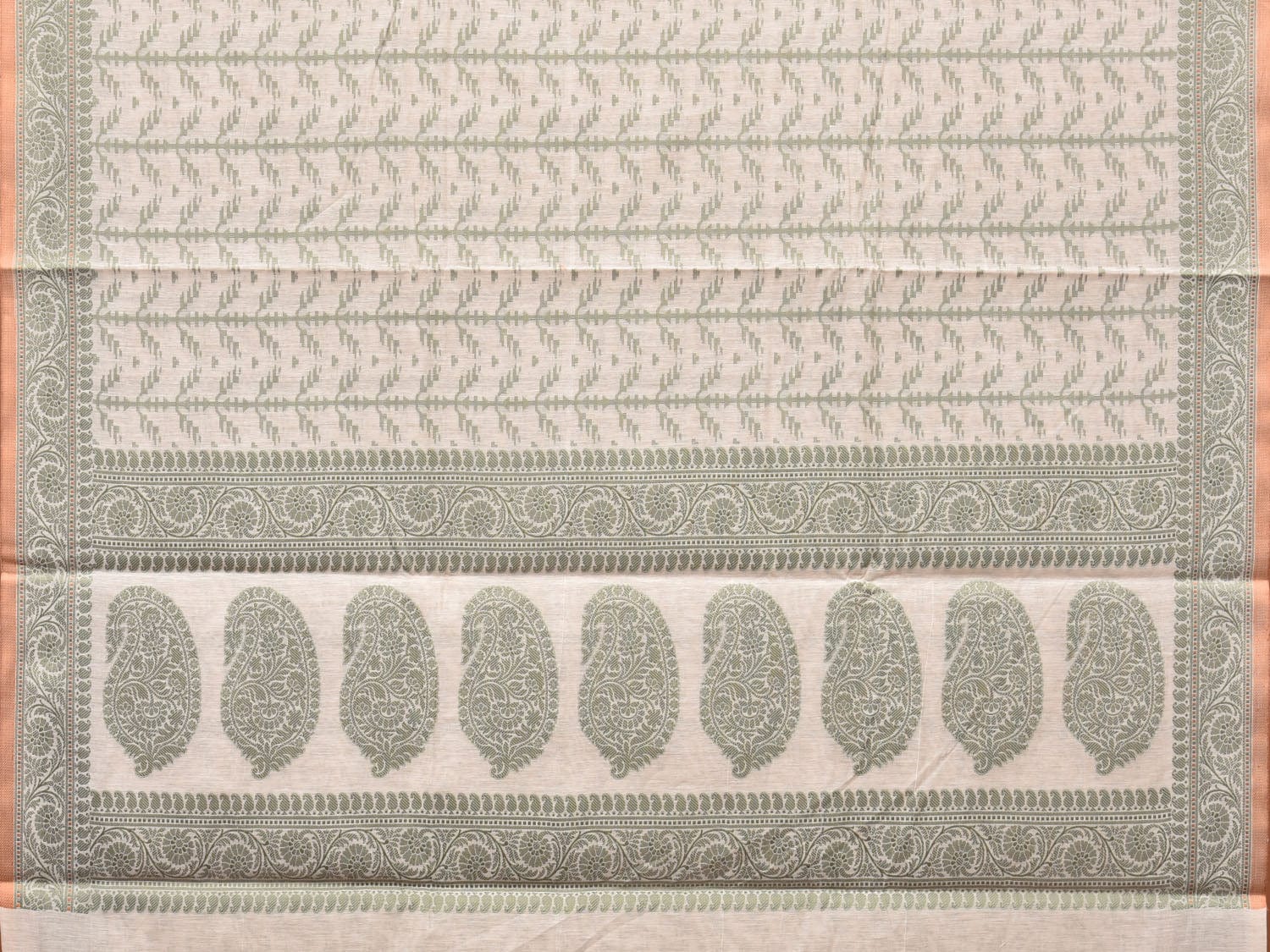 Cream and Light Green Cut Work Sico Cotton Saree with All Over and Border Design - Global Threads | Grocsy