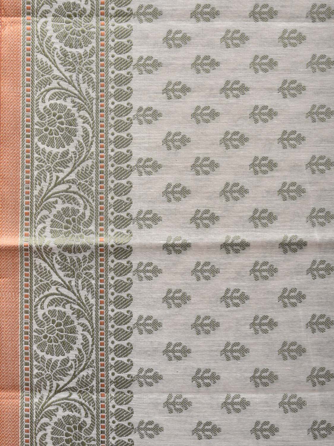 Cream and Light Green Cut Work Sico Cotton Saree with All Over and Border Design - Global Threads | Grocsy
