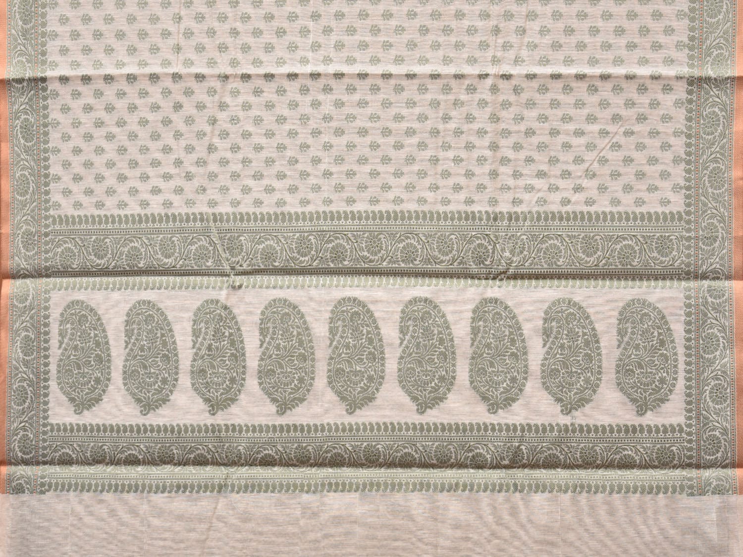 Cream and Light Green Cut Work Sico Cotton Saree with All Over and Border Design - Global Threads | Grocsy