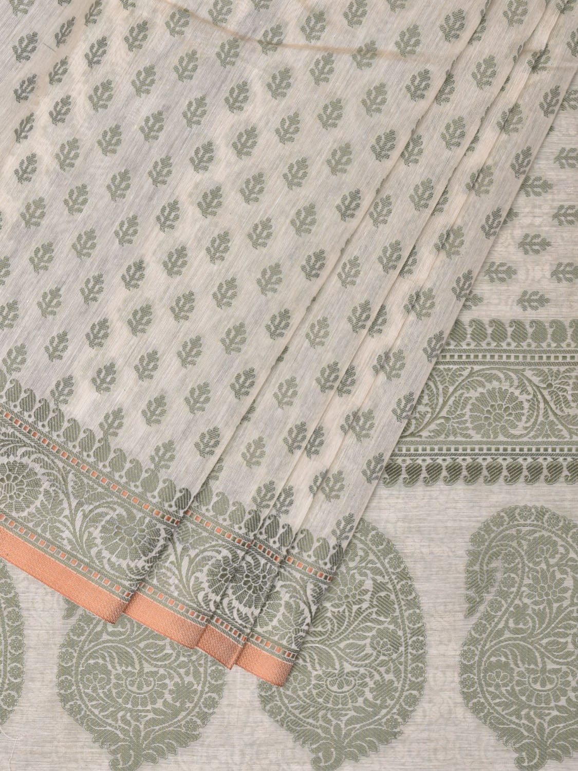 Cream and Light Green Cut Work Sico Cotton Saree with All Over and Border Design - Global Threads | Grocsy