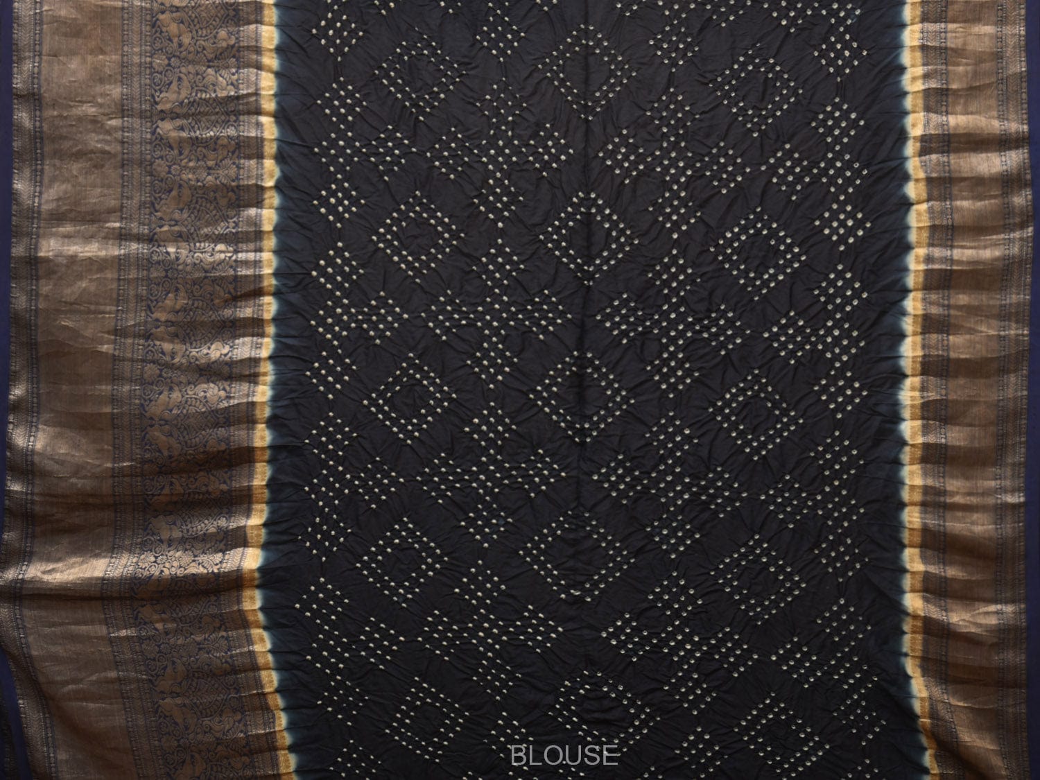 Cream and Navy Bandhani Kanchipuram Silk Handloom Saree with Kalamkari Cows Design - Global Threads | Grocsy