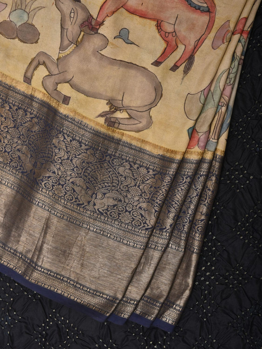 Cream and Navy Bandhani Kanchipuram Silk Handloom Saree with Kalamkari Cows Design - Global Threads | Grocsy