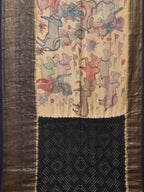 Cream and Navy Bandhani Kanchipuram Silk Handloom Saree with Kalamkari Cows Design - Global Threads | Grocsy