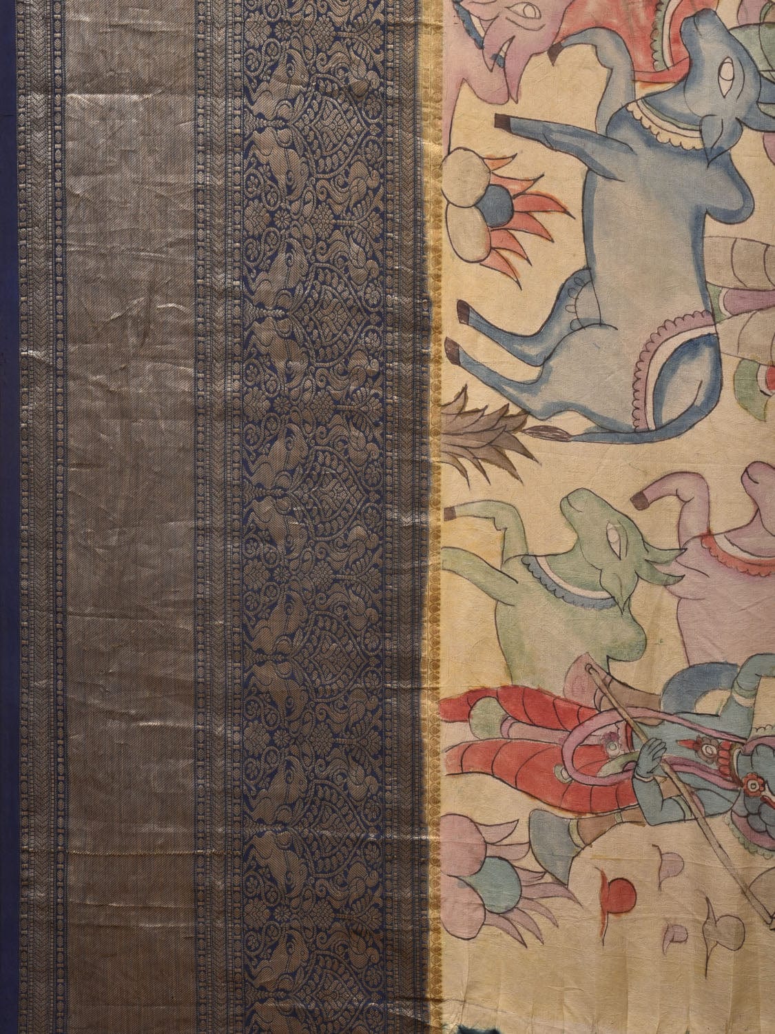 Cream and Navy Bandhani Kanchipuram Silk Handloom Saree with Kalamkari Cows Design - Global Threads | Grocsy