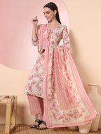 Yufta Cream And Peach Pure Cotton Yuck Design Kurta Dupatta Set With Pants | Grocsy