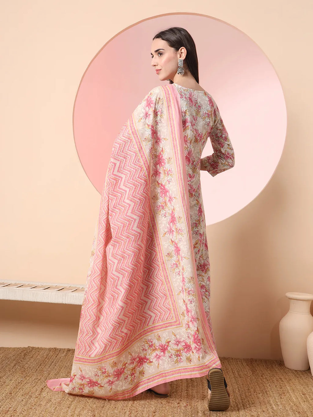 Yufta Cream And Peach Pure Cotton Yuck Design Kurta Dupatta Set With Pants | Grocsy