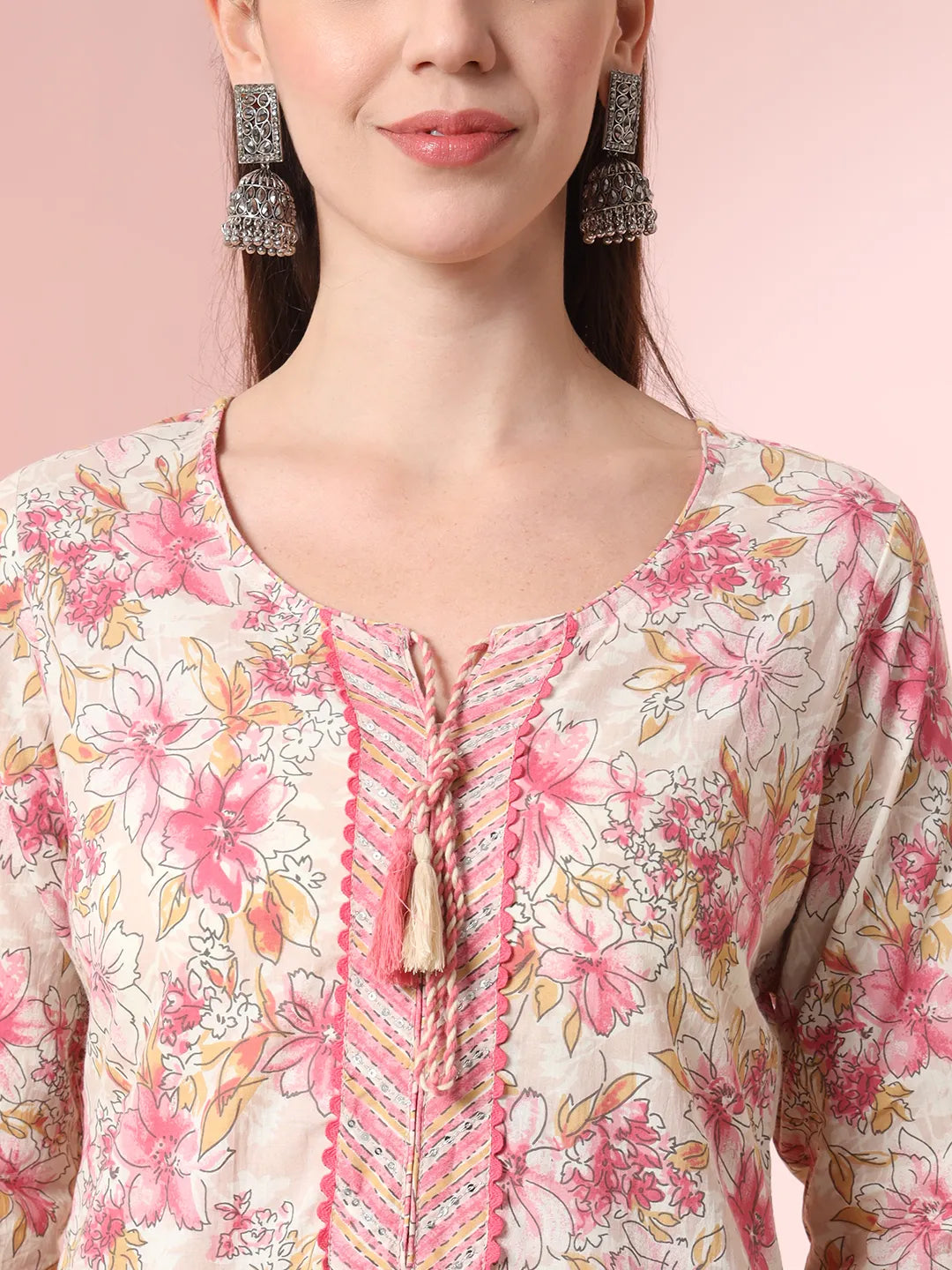 Yufta Cream And Peach Pure Cotton Yuck Design Kurta Dupatta Set With Pants | Grocsy