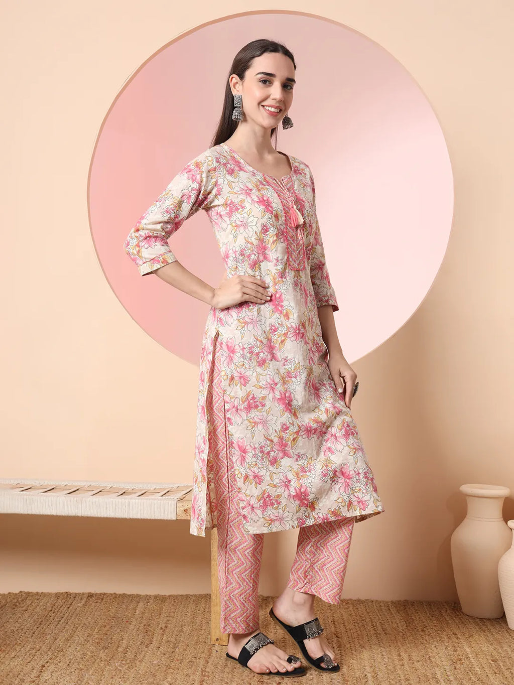 Yufta Cream And Peach Pure Cotton Yuck Design Kurta Dupatta Set With Pants | Grocsy