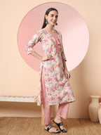 Yufta Cream And Peach Pure Cotton Yuck Design Kurta Dupatta Set With Pants | Grocsy
