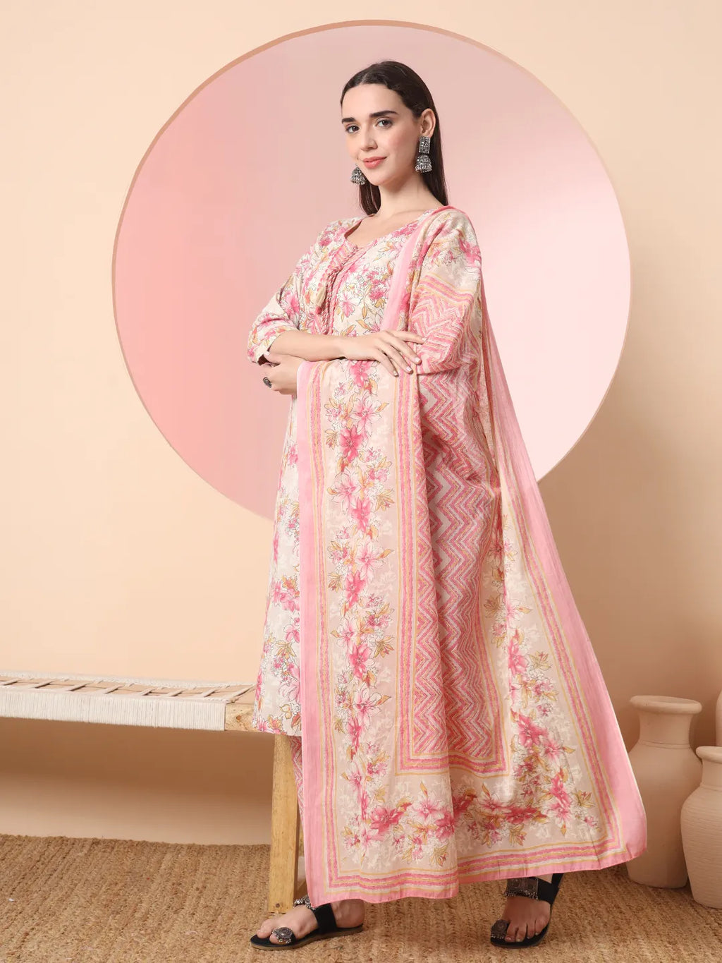 Yufta Cream And Peach Pure Cotton Yuck Design Kurta Dupatta Set With Pants | Grocsy
