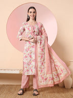 Yufta Cream And Peach Pure Cotton Yuck Design Kurta Dupatta Set With Pants | Grocsy