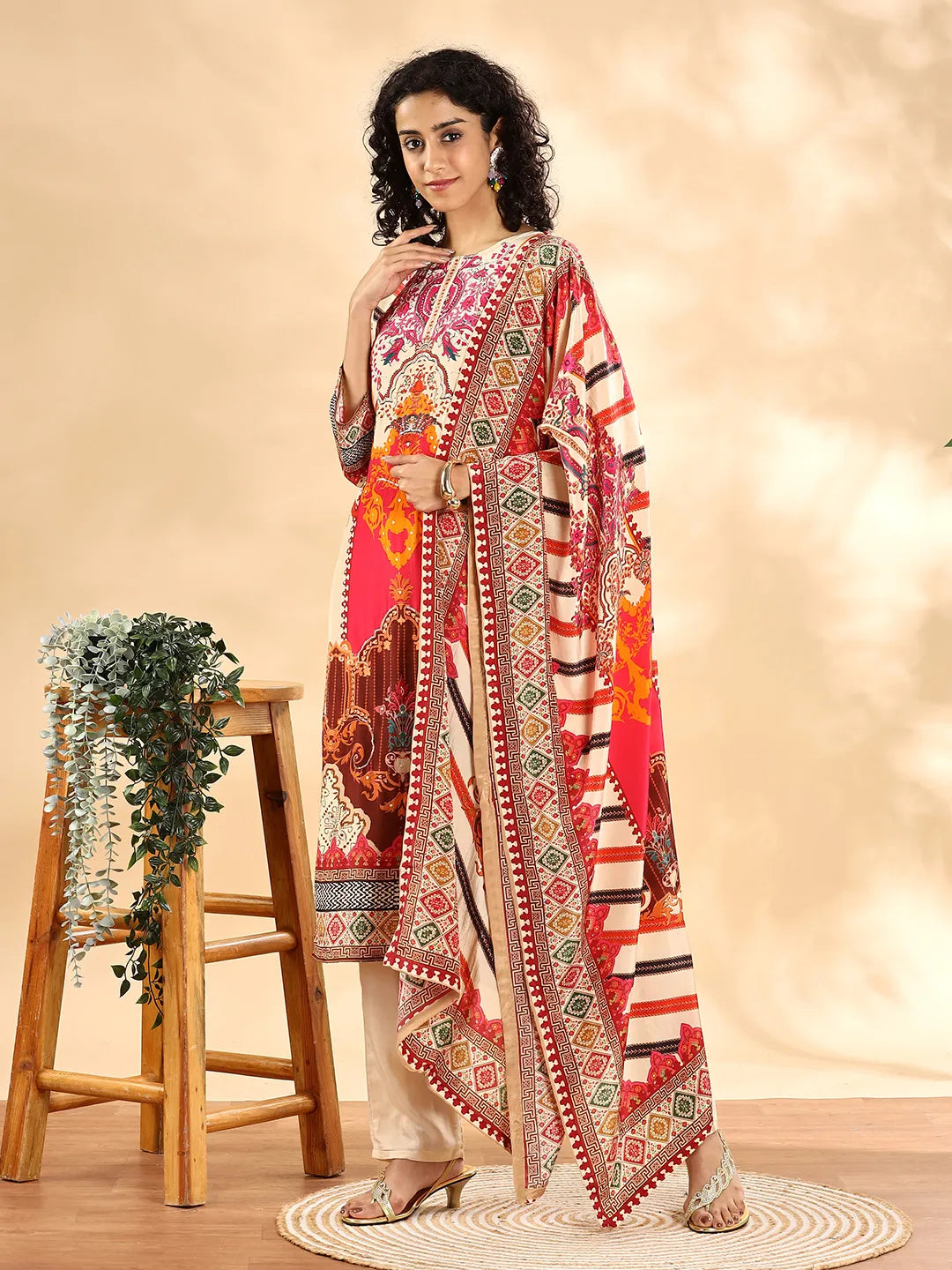 Yufta Cream And Pink Silk Crepe Sequins Work Straight Kurta Dupatta Pant Set | Grocsy