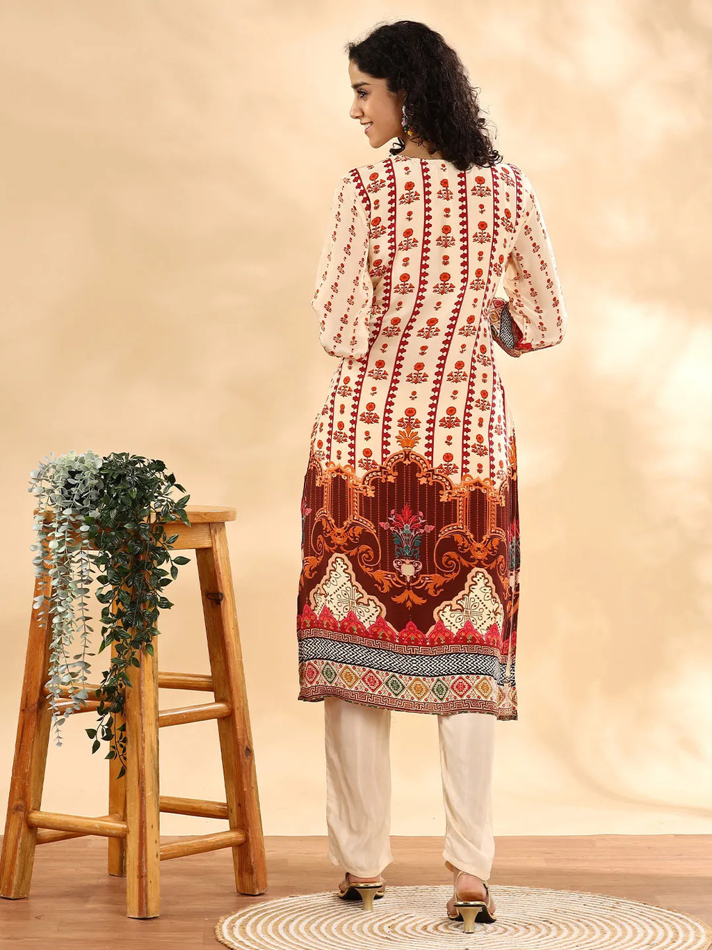 Yufta Cream And Pink Silk Crepe Sequins Work Straight Kurta Dupatta Pant Set | Grocsy