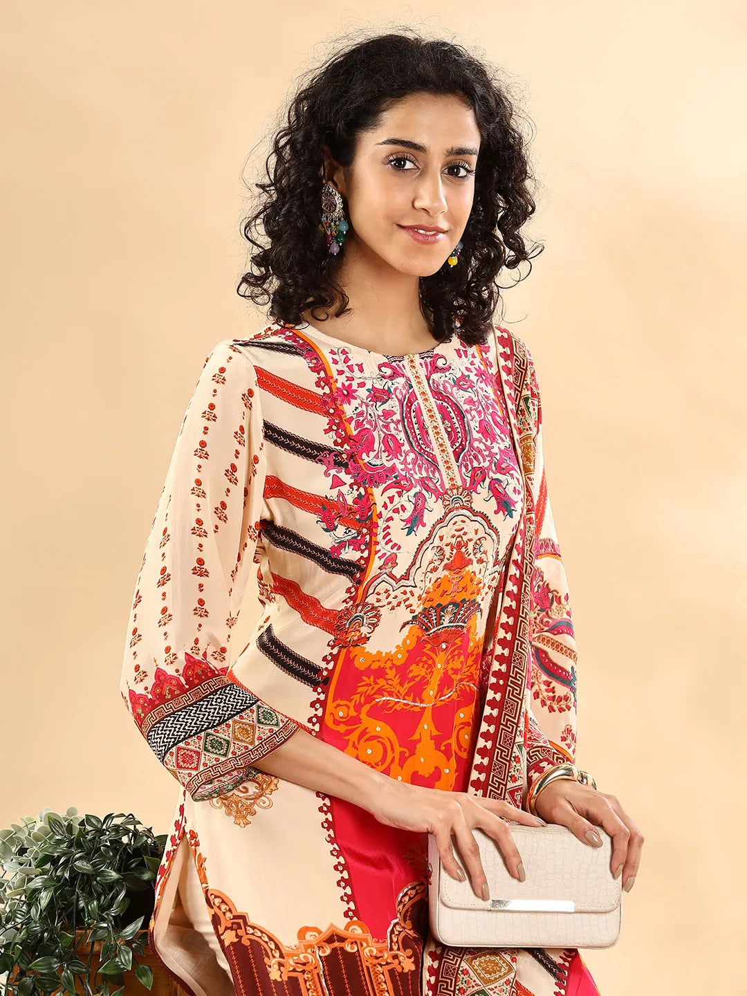 Yufta Cream And Pink Silk Crepe Sequins Work Straight Kurta Dupatta Pant Set | Grocsy
