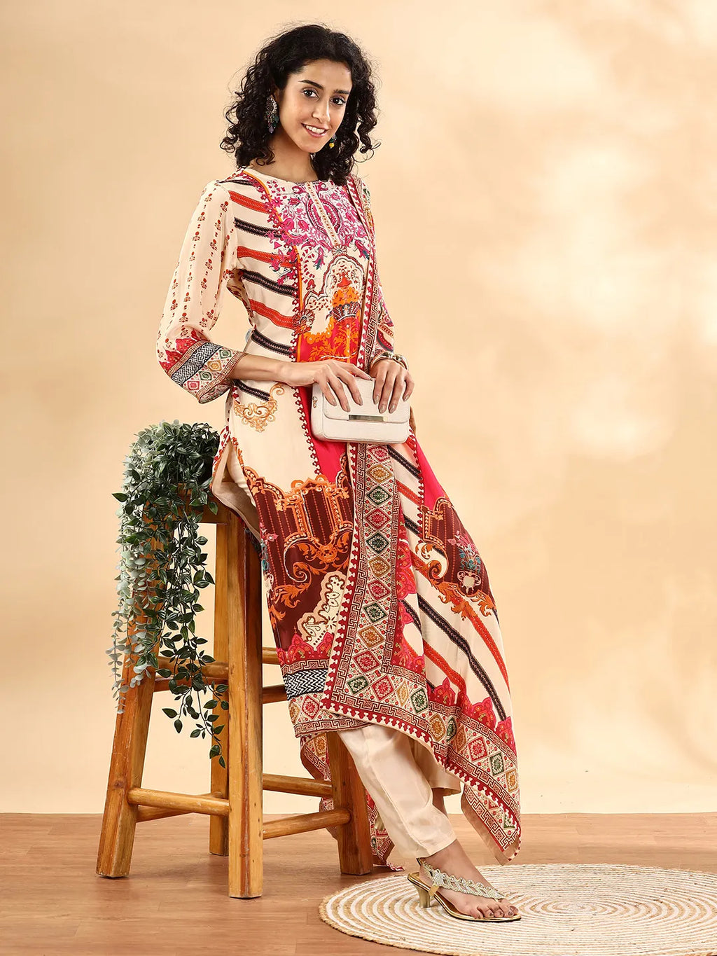 Yufta Cream And Pink Silk Crepe Sequins Work Straight Kurta Dupatta Pant Set | Grocsy