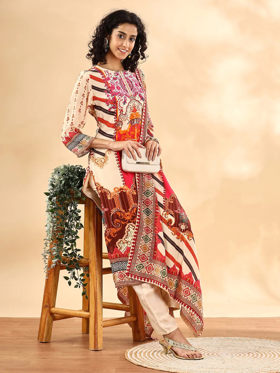 Yufta Cream And Pink Silk Crepe Sequins Work Straight Kurta Dupatta Pant Set | Grocsy
