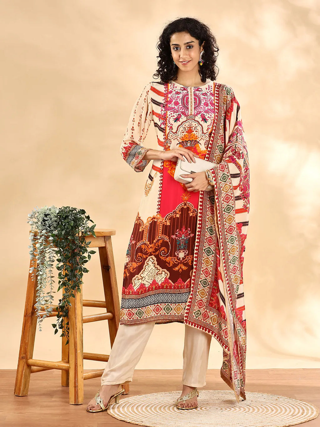 Yufta Cream And Pink Silk Crepe Sequins Work Straight Kurta Dupatta Pant Set | Grocsy