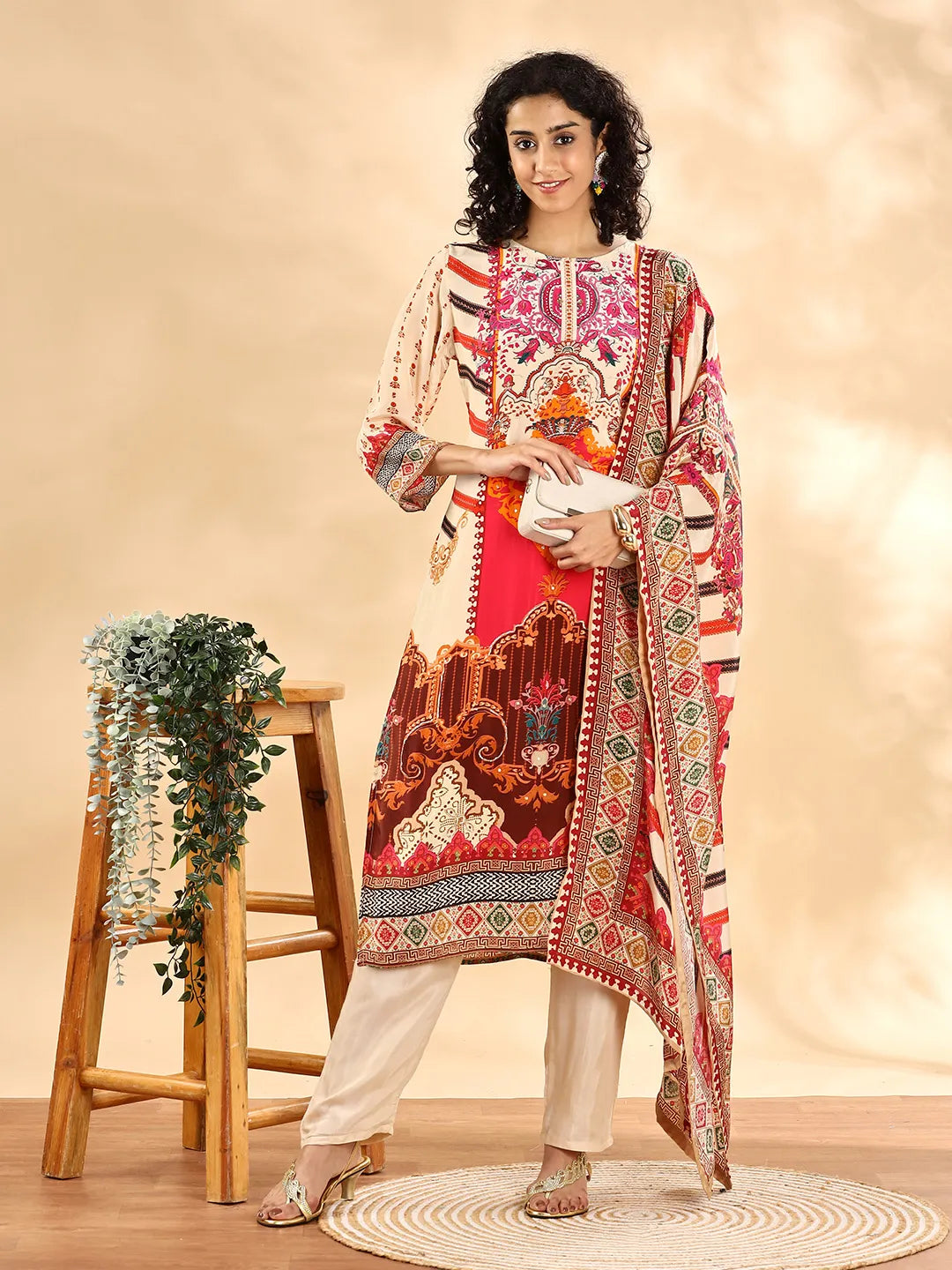 Yufta Cream And Pink Silk Crepe Sequins Work Straight Kurta Dupatta Pant Set | Grocsy