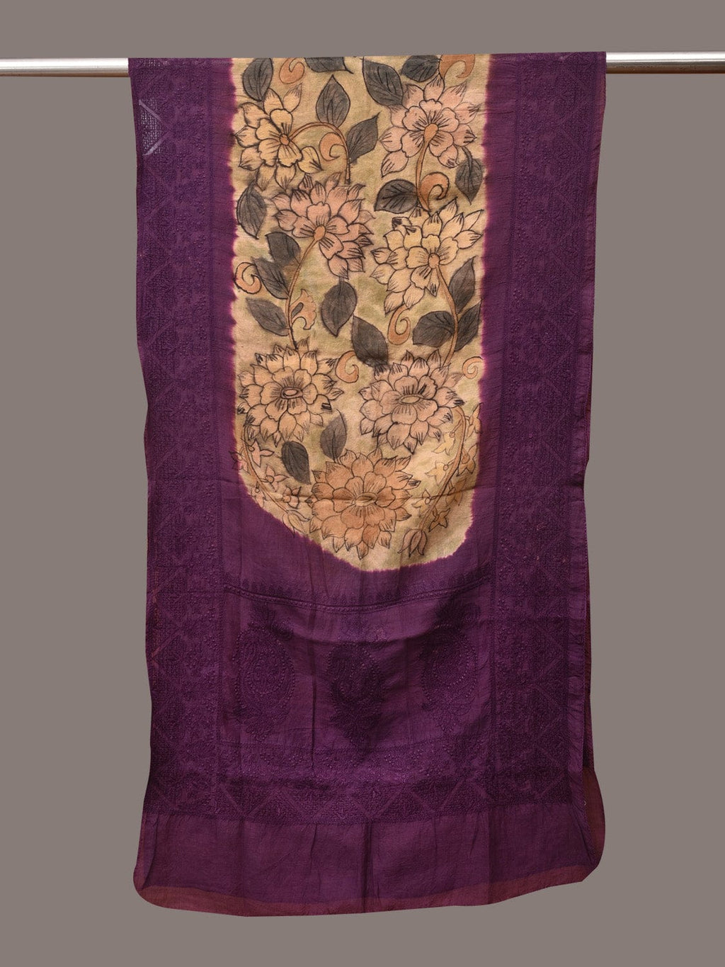 Cream and Purple Kalamkari Hand Painted Sico Stole with Floral and Embroidery Design - Global Threads | Grocsy