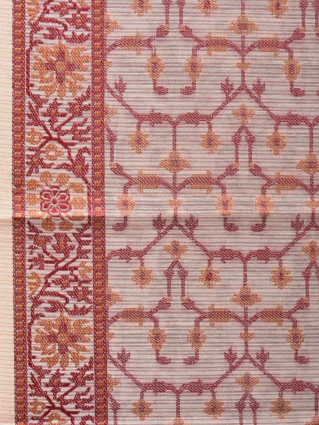 Cream and Red Cut Work Sico Cotton Saree with All Over and Border Design - Global Threads | Grocsy