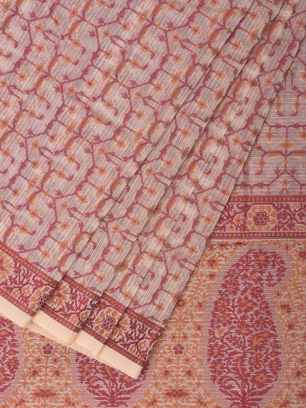 Cream and Red Cut Work Sico Cotton Saree with All Over and Border Design - Global Threads | Grocsy