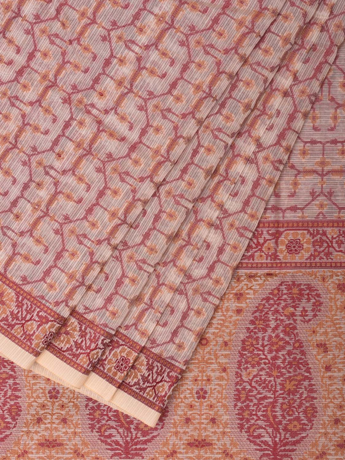Cream and Red Cut Work Sico Cotton Saree with All Over and Border Design - Global Threads | Grocsy