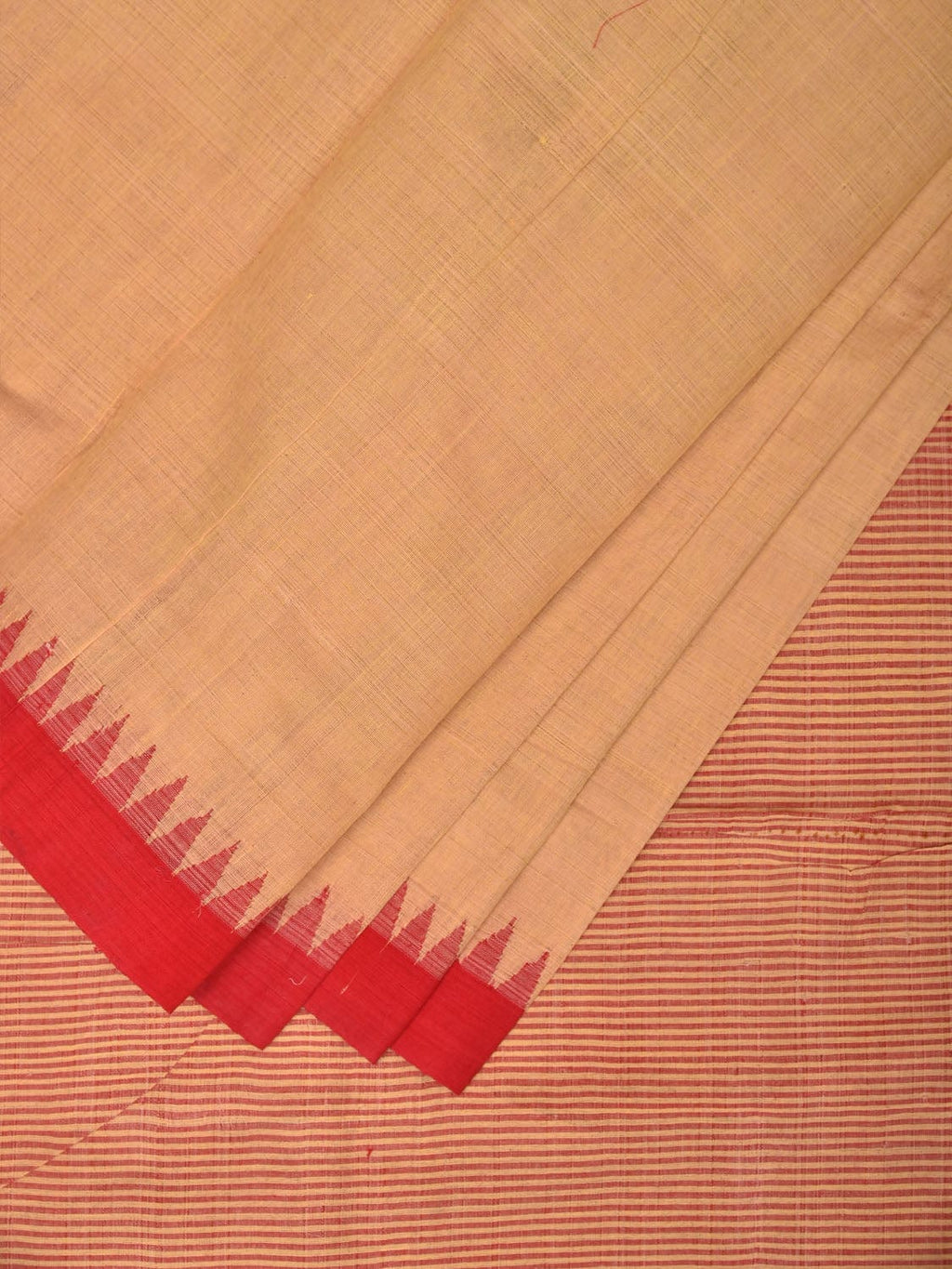 Cream and Red Khadi Cotton Handloom Saree Plain Saree with Strips Pallu Design - Global Threads | Grocsy