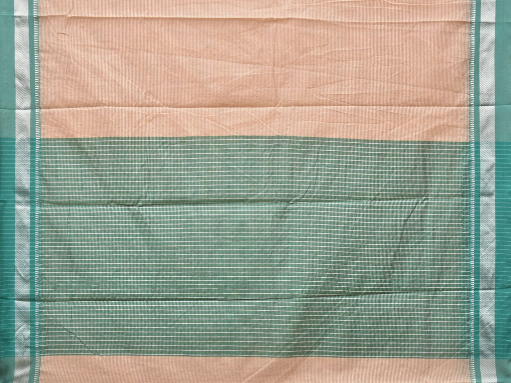 Cream and Turquoise Bamboo Cotton Saree with Strips Design No Blouse - Global Threads | Grocsy