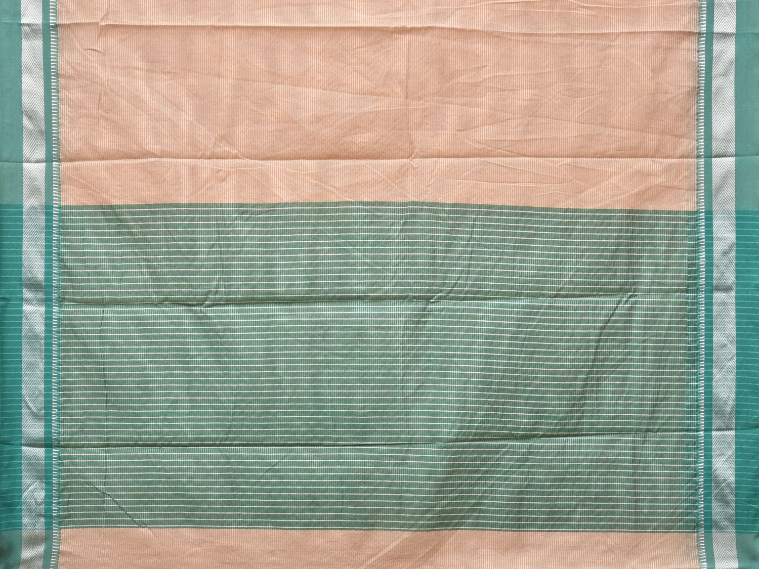 Cream and Turquoise Bamboo Cotton Saree with Strips Design No Blouse - Global Threads | Grocsy