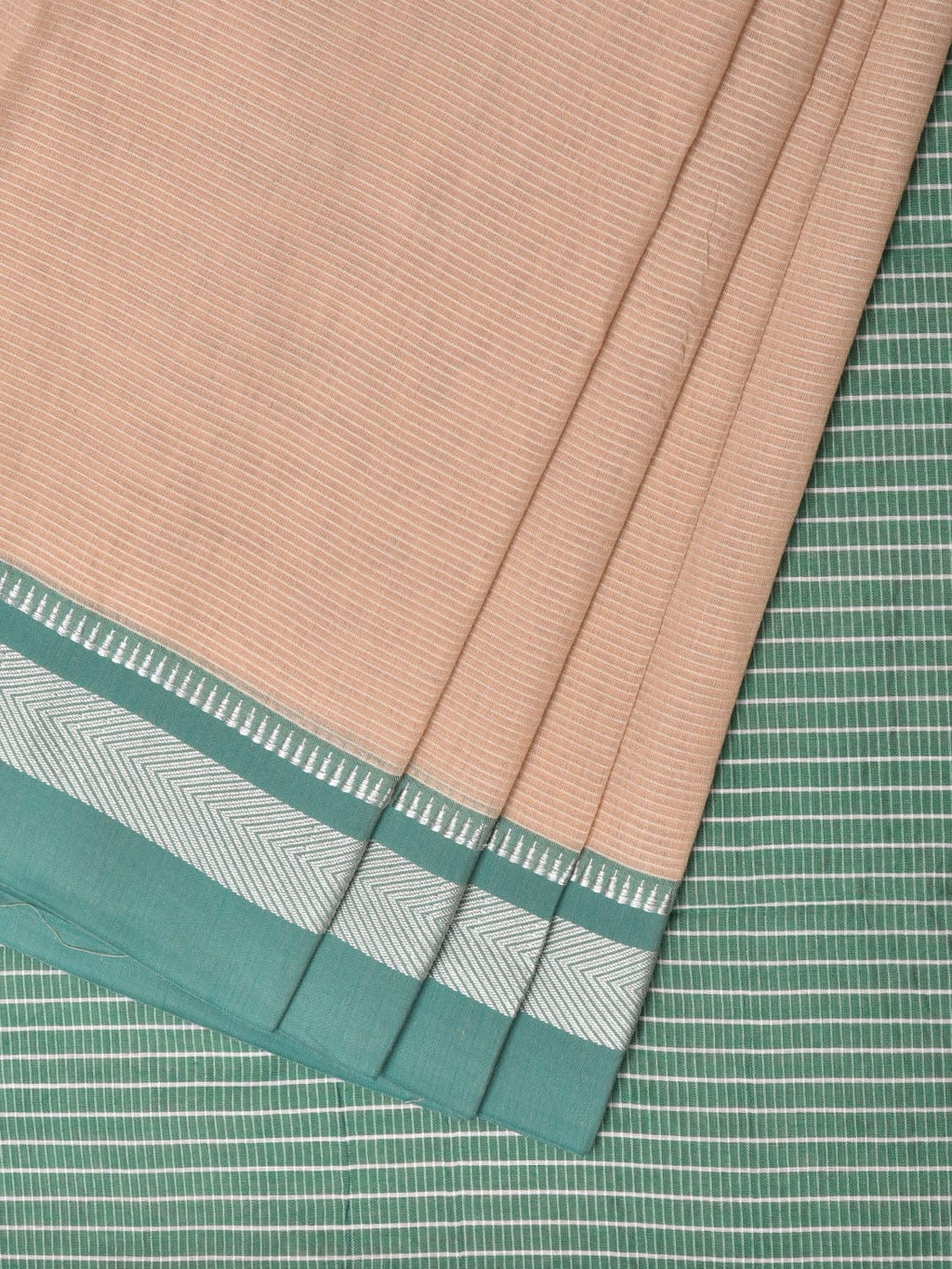 Cream and Turquoise Bamboo Cotton Saree with Strips Design No Blouse - Global Threads | Grocsy