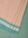 Cream and Turquoise Bamboo Cotton Saree with Strips Design No Blouse - Global Threads | Grocsy