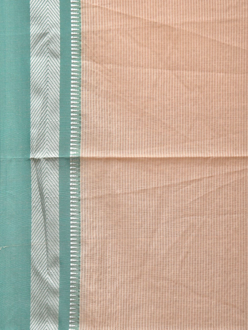 Cream and Turquoise Bamboo Cotton Saree with Strips Design No Blouse - Global Threads | Grocsy
