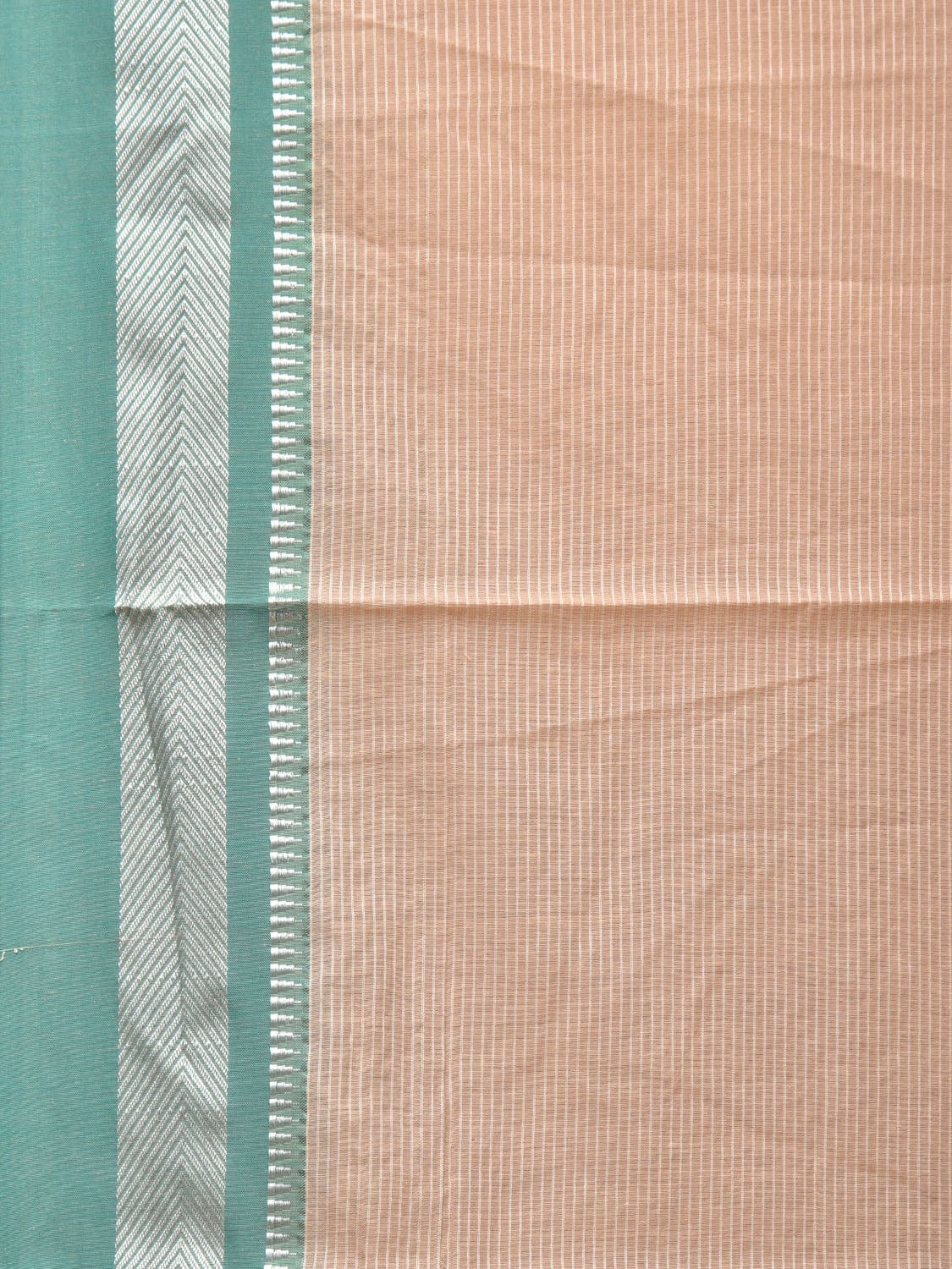Cream and Turquoise Bamboo Cotton Saree with Strips Design No Blouse - Global Threads | Grocsy