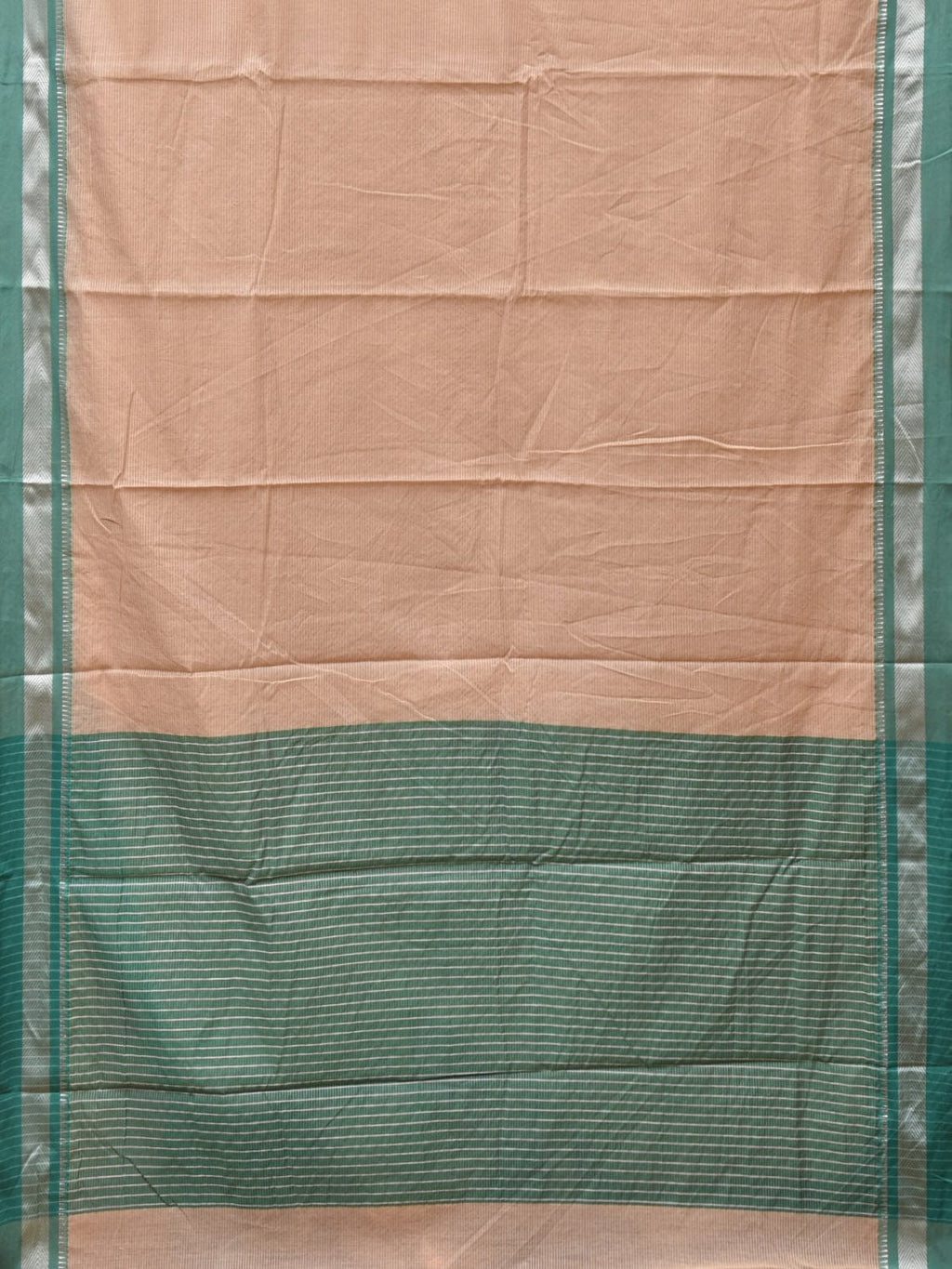 Cream and Turquoise Bamboo Cotton Saree with Strips Design No Blouse - Global Threads | Grocsy