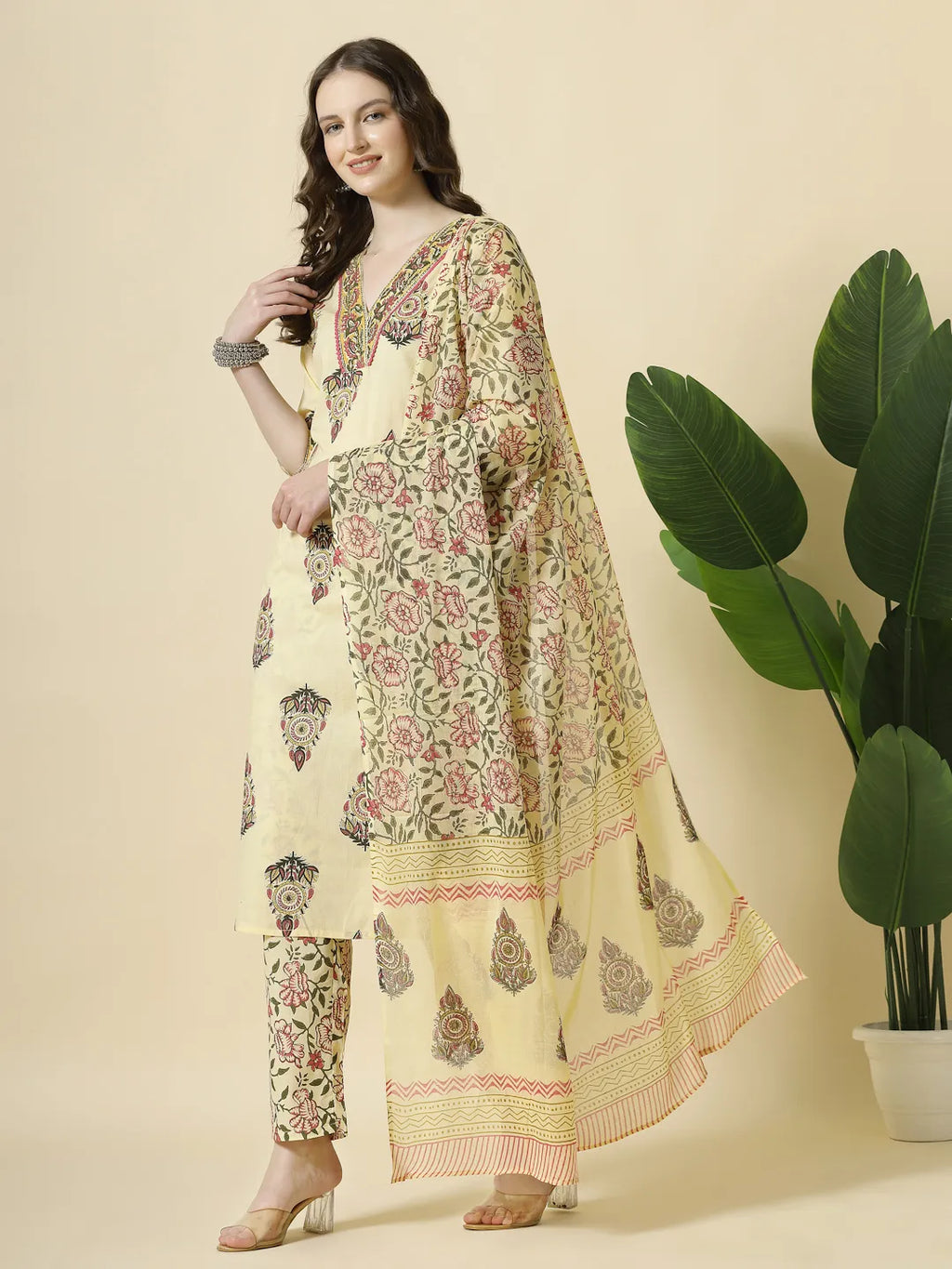 Yufta Cream Cotton Cutdana Work Kurta Set With Pant & Dupatta | Grocsy