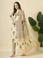 Yufta Cream Cotton Cutdana Work Kurta Set With Pant & Dupatta | Grocsy