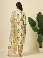 Yufta Cream Cotton Cutdana Work Kurta Set With Pant & Dupatta | Grocsy