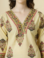 Yufta Cream Cotton Cutdana Work Kurta Set With Pant & Dupatta | Grocsy