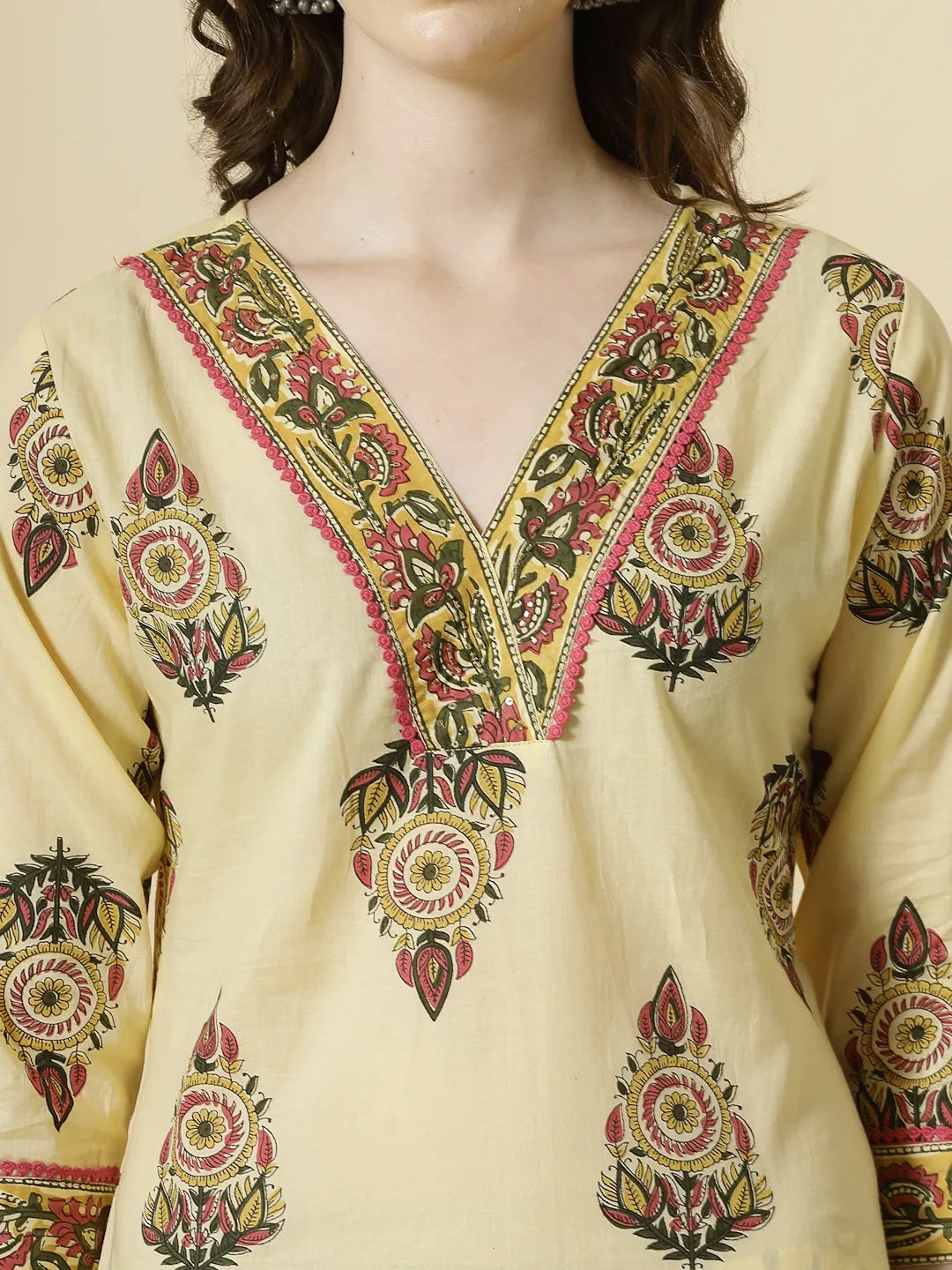 Yufta Cream Cotton Cutdana Work Kurta Set With Pant & Dupatta | Grocsy