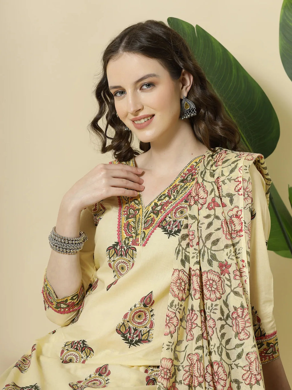 Yufta Cream Cotton Cutdana Work Kurta Set With Pant & Dupatta | Grocsy
