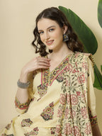 Yufta Cream Cotton Cutdana Work Kurta Set With Pant & Dupatta | Grocsy