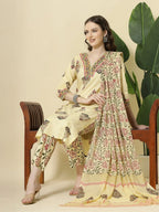Yufta Cream Cotton Cutdana Work Kurta Set With Pant & Dupatta | Grocsy