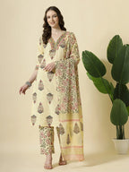 Yufta Cream Cotton Cutdana Work Kurta Set With Pant & Dupatta | Grocsy