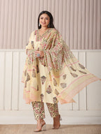 Yufta Cream Cotton Cutdana Work Plus Size Kurta Set With Pant & Dupatta | Grocsy