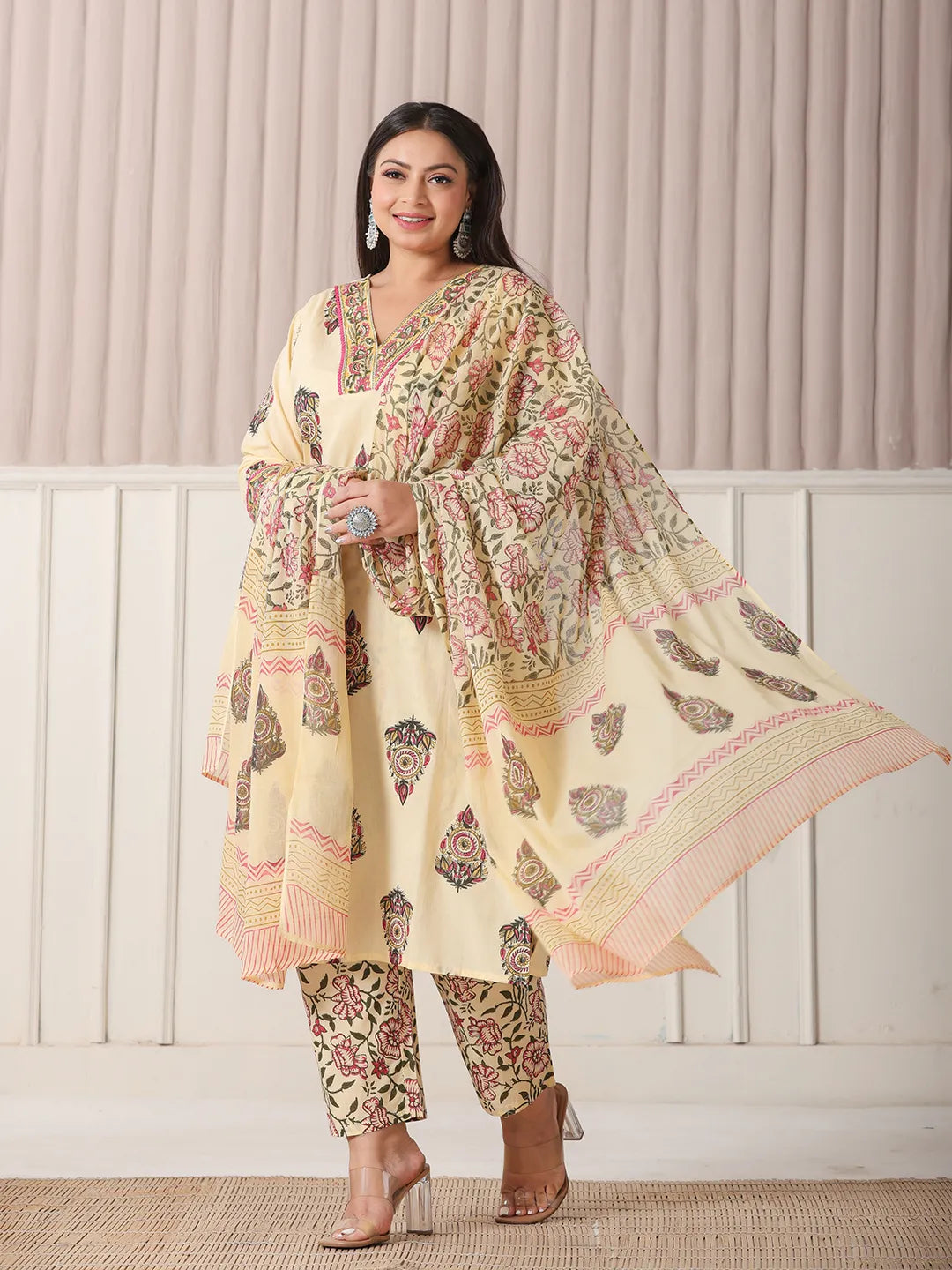 Yufta Cream Cotton Cutdana Work Plus Size Kurta Set With Pant & Dupatta | Grocsy
