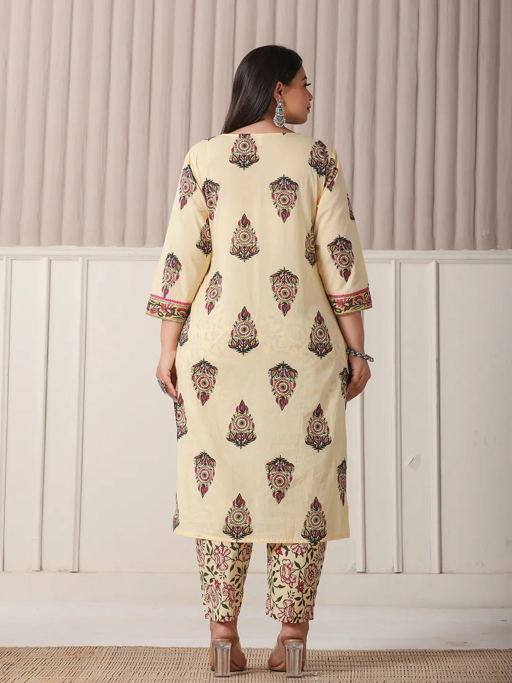 Yufta Cream Cotton Cutdana Work Plus Size Kurta Set With Pant & Dupatta | Grocsy