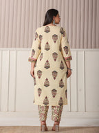 Yufta Cream Cotton Cutdana Work Plus Size Kurta Set With Pant & Dupatta | Grocsy