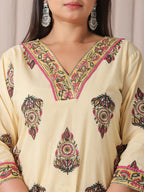 Yufta Cream Cotton Cutdana Work Plus Size Kurta Set With Pant & Dupatta | Grocsy
