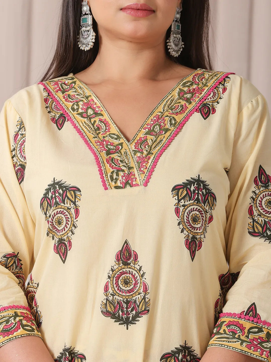Yufta Cream Cotton Cutdana Work Plus Size Kurta Set With Pant & Dupatta | Grocsy